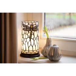 Bílá válcovitá stolní lampa Tiffany s vážkou DragonFly - Ø 15*26 cm E14/max 1*40W